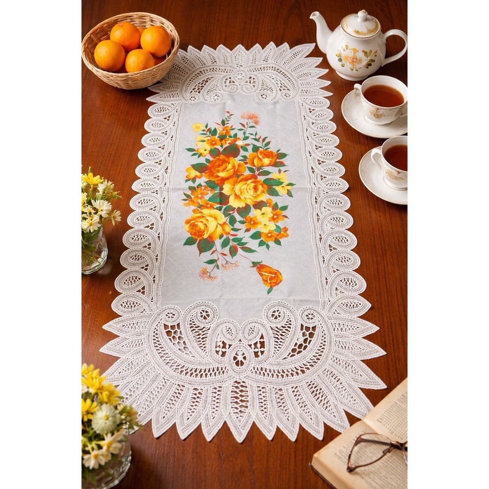 Vintage Vinyl Lace Table Runner 16"x 33" Orange Yellow Floral Roses Taiwan NOS
